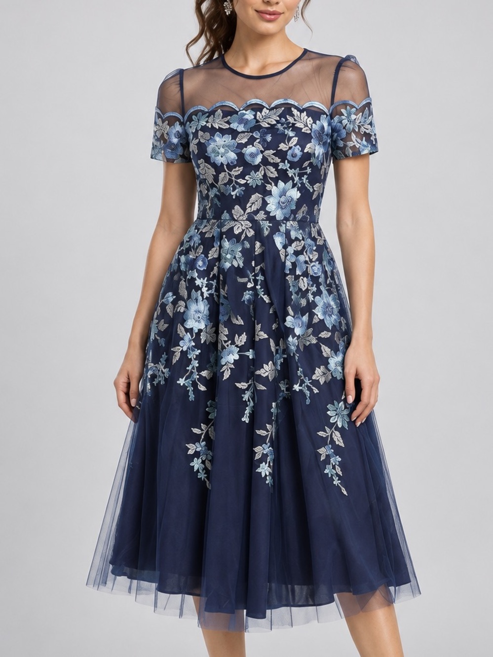 🆕🫐🦋Eliza J 6P Petite Navy Floral Embroidered Illusion Fit & Flare Midi Dress NWT